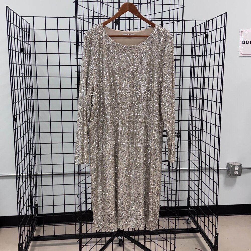 Silver Sequinned L/S Dress Elastic Waist BB Dakota Steve Madden Size 3X